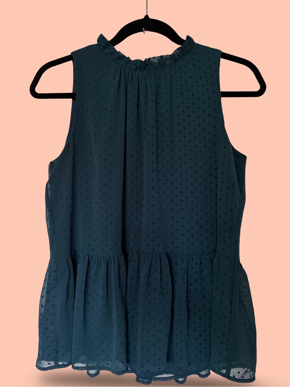 LOFT Dark Teal Sleeveless Swiss Dot Ruffle Neck Blouse Size Small